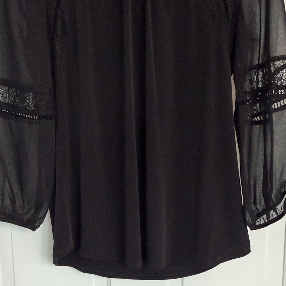 Roz & Ali Black Lace-Inset Sheer Sleeve Blouse - Picture 4 of 6
